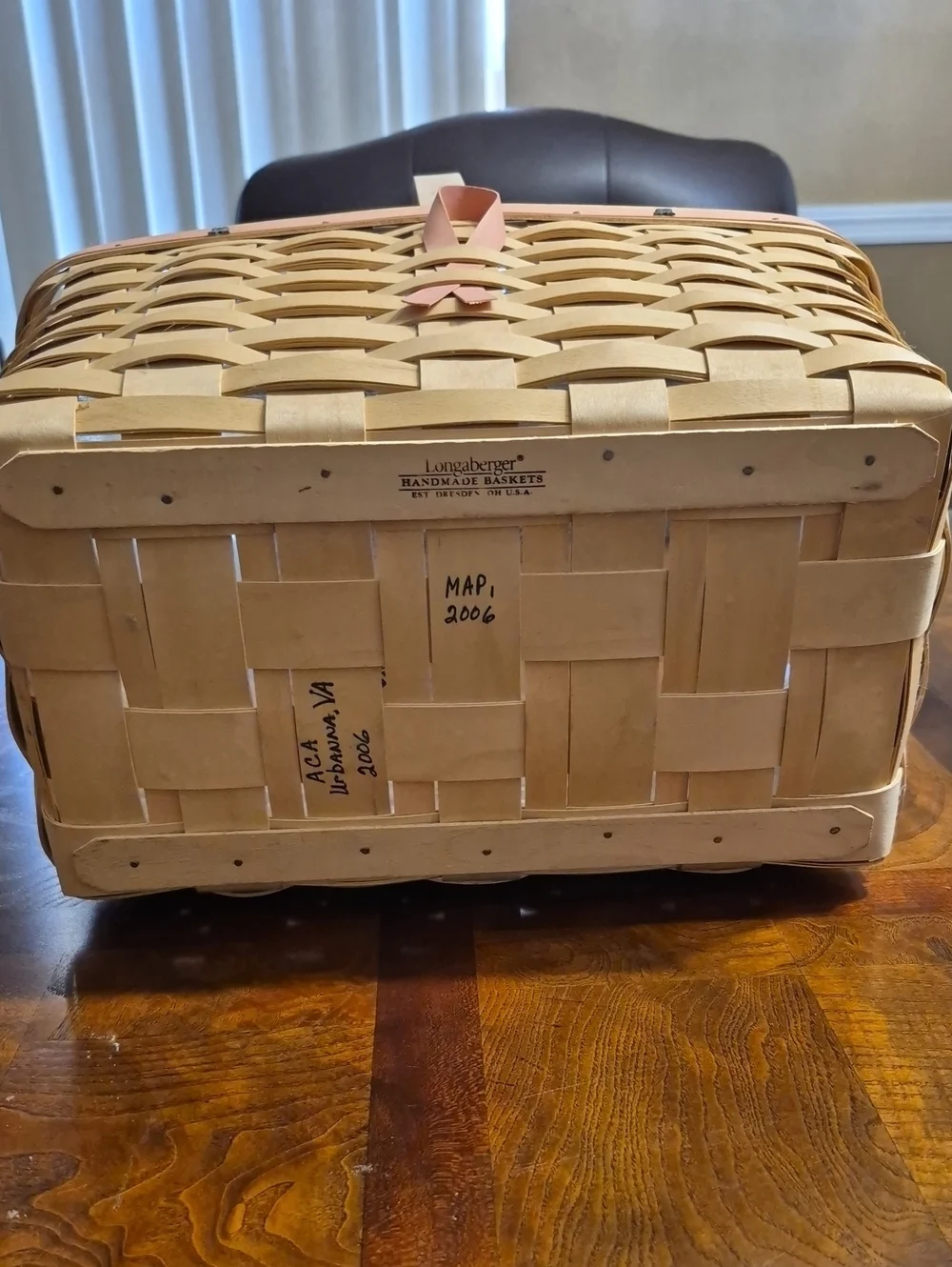 Longaberger Natural Wood Basket with Pink Trim and Ribbon